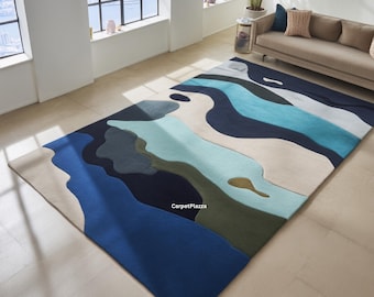 Blue & Green Abstract Wool Rug | Hand-Tufted Contemporary Carpet
