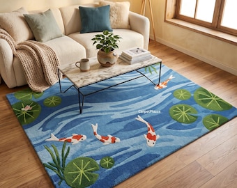 Hand Tufted Wool Koi Fish Pond Rug | Japanese Style Carpet, Living Room Decor