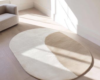 Hand Tufted Oval Wool Rug, Modern Minimalist Beige Carpet