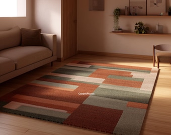 Geometric Wool Rug | Terracotta Green Block Pattern, Mid Century Modern