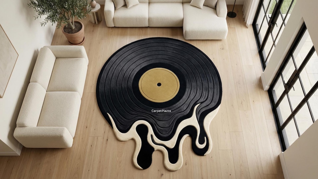 Vinyl Record Area Rug | Melting Record Carpets | Black & Gold Rugs - Etsy