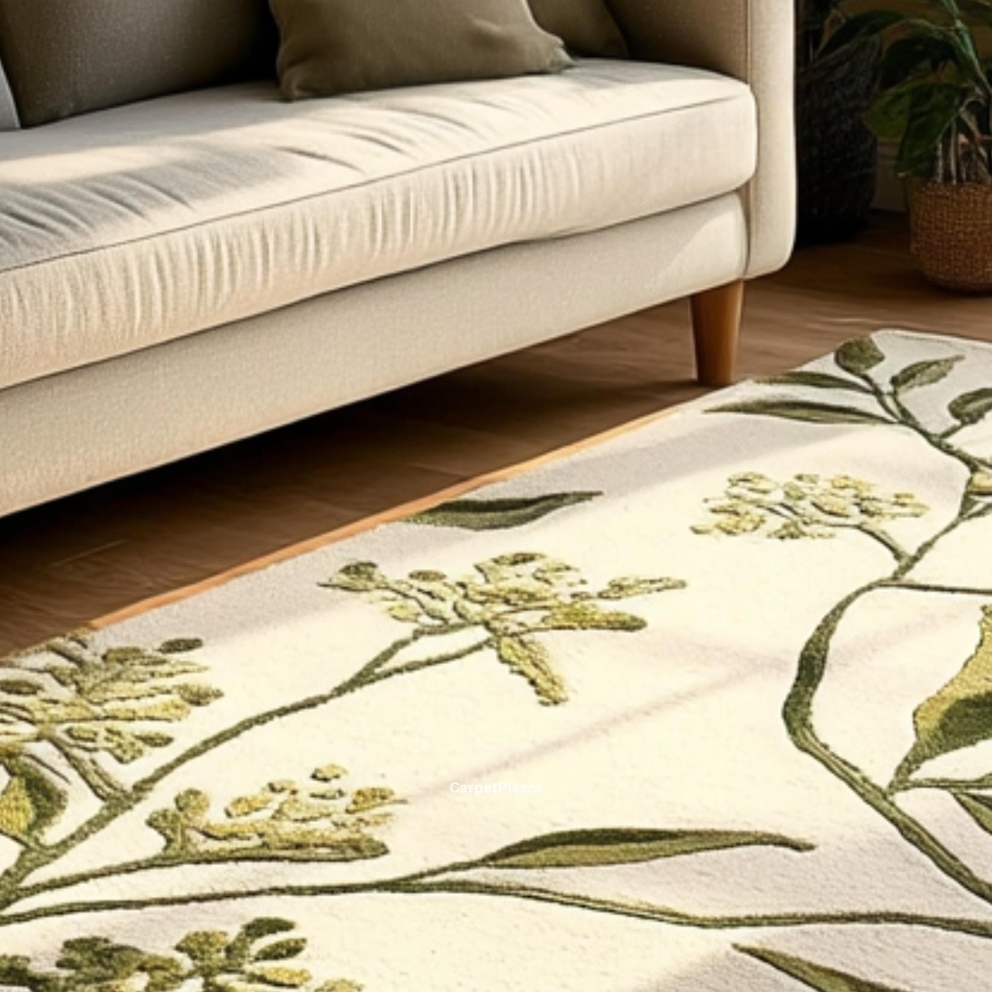 Botanical Leaf Wool Rug | Hand Tufted Floral Carpet | Green, Beige ...