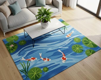 Hand getuftet Wolle Koi Fisch Teichteppich | Teppich im japanischen Stil, Wohnzimmerdekor