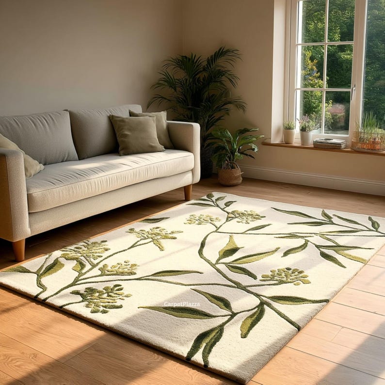 Botanical Leaf Wool Rug | Hand Tufted Floral Carpet | Green, Beige ...