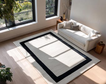 Alfombra con borde negro marfil / Diseño minimalista moderno / Alfombra contemporánea de lujo para sala de estar