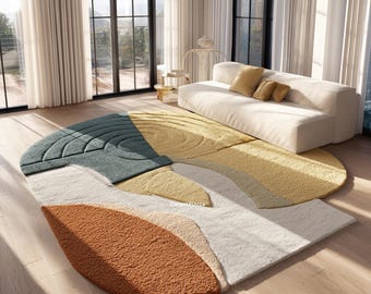 May include: A modern, abstract area rug with a unique, layered design. The rug features a color palette of teal, yellow, orange, and white. The rug's shape is a combination of geometric and organic forms, adding visual interest to the room.
