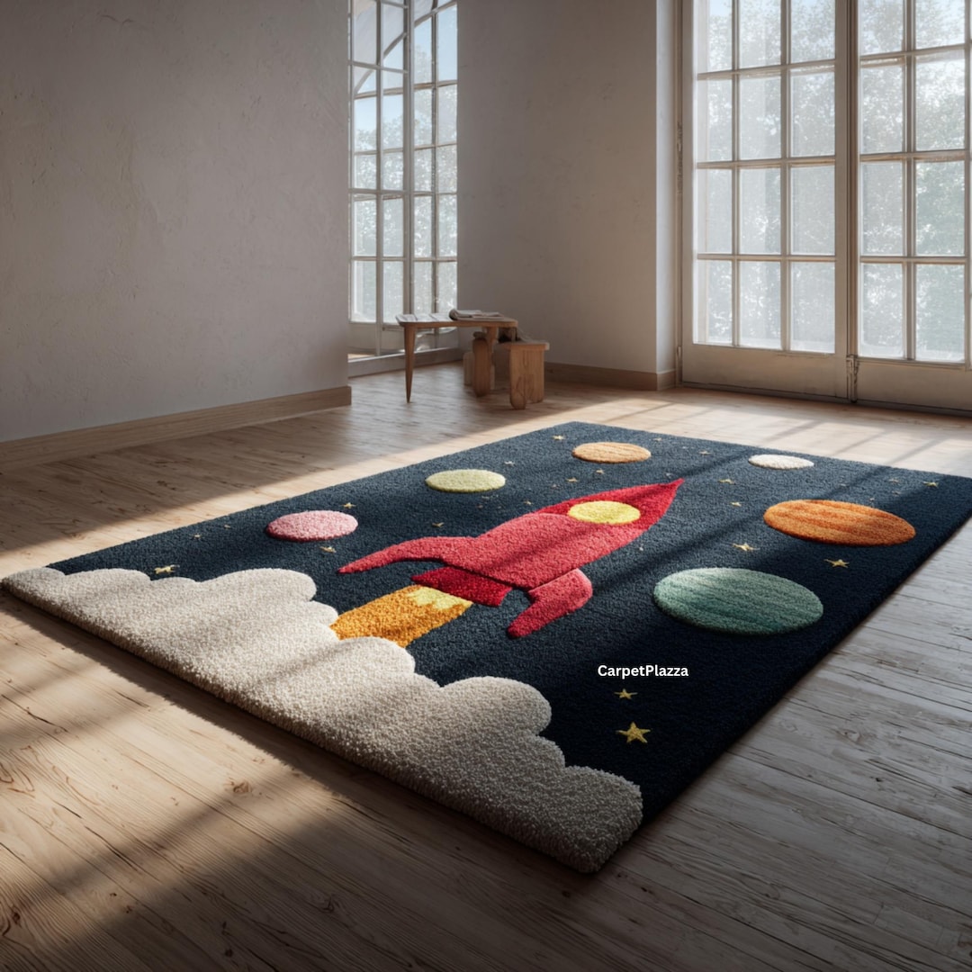 Navy Blue Kids Space Rocket Rug | Red, Yellow Rocket Ship Carpet With ...