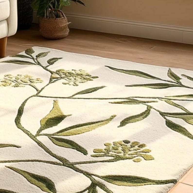 Botanical Leaf Wool Rug | Hand Tufted Floral Carpet | Green, Beige ...