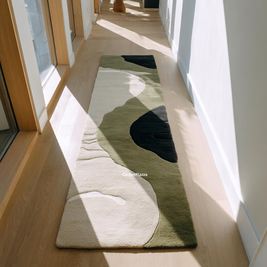 Earthy Fun Runner Rug Abstract Hallway Runner Rug | Modern Green & Beige Organic Runner ...