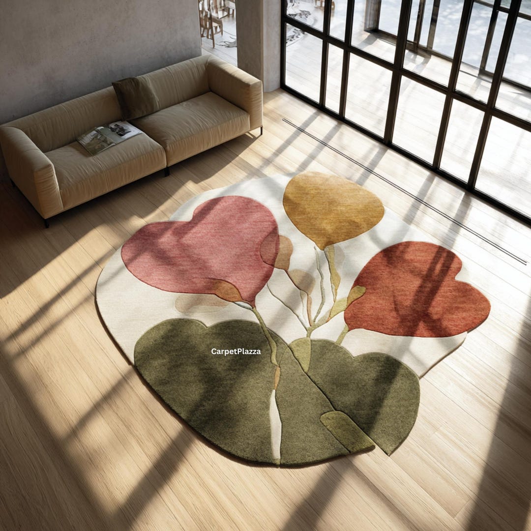 Olive Green, Cream Rust Floral Shape Rug | Modern Organic Heart-petal ...