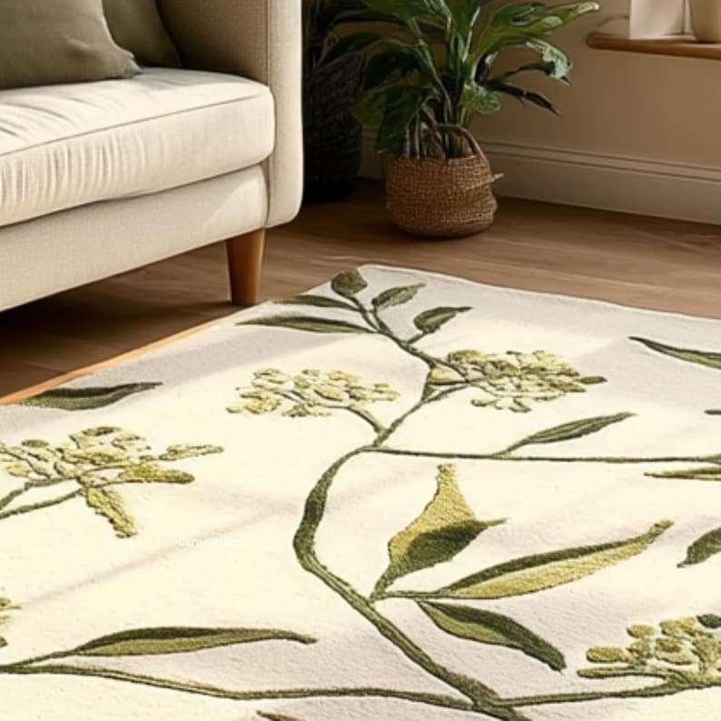 Plant Rug Botanical Leaf Wool Rug | Hand Tufted Floral Carpet | Green, Beige ...
