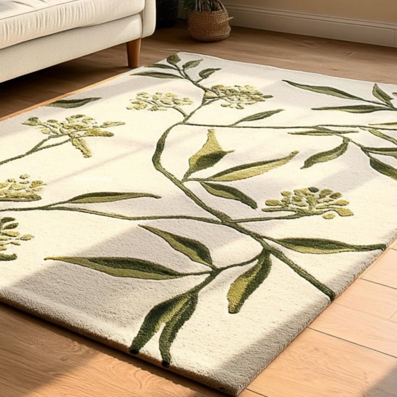 Botanical Leaf Wool Rug | Hand Tufted Floral Carpet | Green, Beige ...