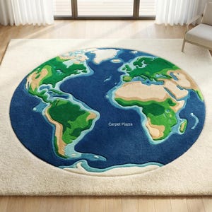 May include: A large, round rug featuring a detailed map of the Earth, with continents in green and tan against a blue ocean. The rug is centered on a cream-colored, rectangular rug, with the text "Carpet Piazza" visible.