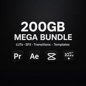 Pode incluir: Gráfico preto com texto branco "200GB MEGA BUNDLE" e as palavras "LUTS • SFX • Transitions • Templates" abaixo. Quatro ícones quadrados pretos com símbolos brancos abaixo, incluindo "Pr", "Ae", um símbolo de tesoura e uma claquete de cinema.