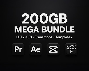 May include: A black graphic with white text that reads "200GB MEGA BUNDLE" with the words "LUTS • SFX • Transitions • Templates" below. Four black square icons with white symbols are below the text, including "Pr", "Ae", a scissors symbol, and a film clapper.