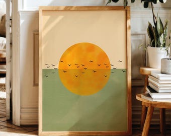 Minimale zonsondergang kunst aan de muur, abstracte zon en vogels print, moderne landschapsposter, digitale download