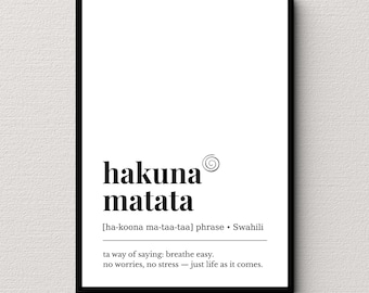 Hakuna Matata woorddefinitie print, minimale quote kunst aan de muur, typografie decor, digitale download
