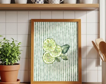 Botanische muurkunst groene citrus, minimalistische keukenmuurdecoratie, citroenstrepenprint (digitale download)