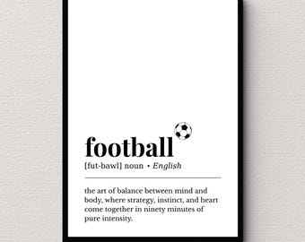 Voetbal woorddefinitie kunst aan de muur, minimalistische voetbal citaat print, moderne sport poster, digitale download