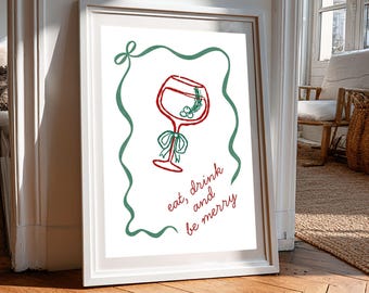 Eet, drink en wees vrolijk muurkunst, minimale kerstprint, decoratie voor de feestdagen, digitale download