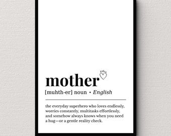 May include: A black framed print with the word "mother" in a bold, serif font. Below the word is the phonetic pronunciation and the word "English". The text describes a mother as an everyday superhero.