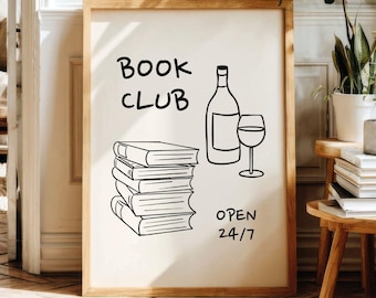 Book Club Wall Art Printable, Minimalist Reading Print, Book Lover Gift (Digital Download)