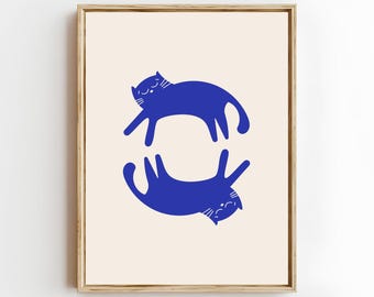 Blue Cat Print: Funky Retro Poster, Playful Cat Decor (Digital Download)