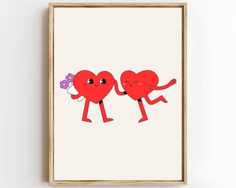 Muurkunst retro hartjes, poster speels hart, Valentijnsdagdecor, digitale download