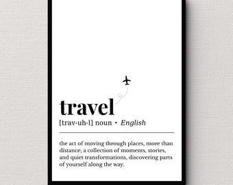 Arte de pared imprimible con definición de palabra de viaje, póster con cita minimalista, descarga digital de tipografía moderna