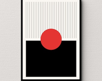 Rode cirkel zwarte en gebroken witte abstracte muurkunst, minimale poster, geometrisch decor (digitale download)