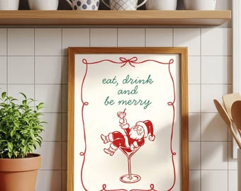 Print Eat Drink and Be Merry, retro kerstkunst aan de muur, trendy decoratie voor vakantiebar