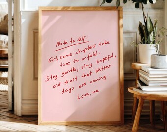 Roze girly muurkunst 'Opmerking voor jezelf', poster positieve instelling, handgetekende typografiedecor