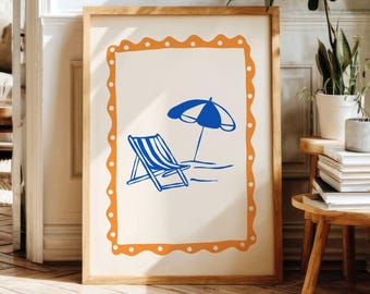 Afdrukbare muurkunst zomerstrand, minimalistische strandposter, cadeau oceaanliefhebber (digitale download)