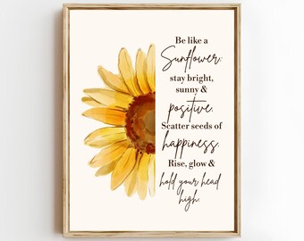 Be Like a Sunflower Wall Art, Sunflower Decor, Positivity Quote Poster, Digital Download
