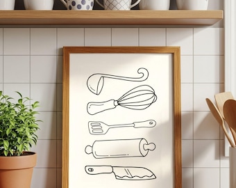 Kitchen Utensils Print, Minimal Kitchen Decor, Cooking Tools Poster, Trendy Wall Art, Digital Download