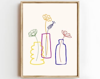 Line Art Flower Vase Print, Colorful Wall Art, Minimalist Floral Poster, Modern Botanical Illustration