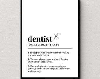 Dentist Definition Print, Dentist Office Decor, Minimal Profession Dictionary Wall Art, Digital Download