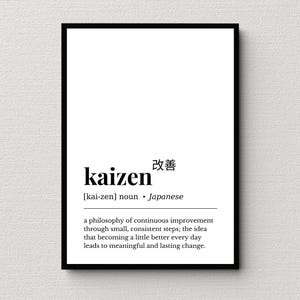 May include: A framed print featuring the word "kaizen" in a bold font, with Japanese characters above. The definition of "kaizen" is below, explaining continuous improvement through small, consistent steps.