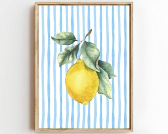 Citroenaquarelprint, citruskunst op blauwe strepen (digitale download)