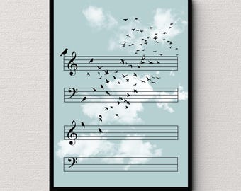 Muziek en vogels muurkunst, poster muzieknoten met vliegende vogels, (digitale download)