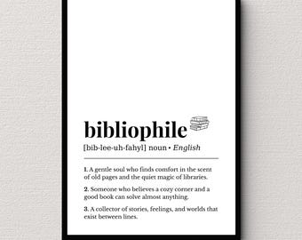 Bibliofiele definitie print, boekenliefhebber woordenboek kunst aan de muur, gezellig lezen muur decor, digitale download
