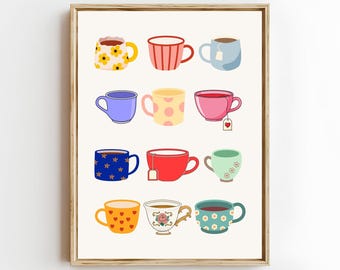 Colorful Tea Cup Art Print, Kitchen Coffee Mug Poster (Digital Download)