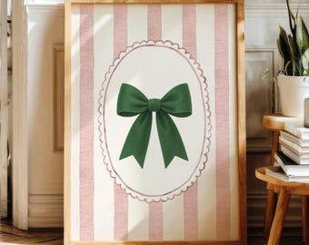 Vintage Bow Wall Art, Nursery Decor, Pastel Pink & Green Coquette Poster, Digital Download