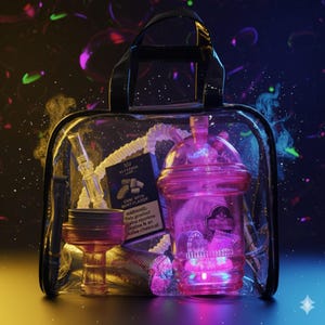 May include: A clear tote bag containing a pink hookah set. The set includes a hookah base, hose, bowl, and a box of mint-flavored tobacco. The bag is transparent, allowing the contents to be visible. The background has colorful lights and smoke.