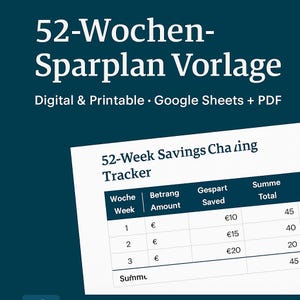 Könnte beinhalten: Eine digitale und druckbare 52-Wochen-Sparplan-Vorlage. Der türkisfarbene Hintergrund zeigt weißen Text mit der Aufschrift "52-Wochen-Sparplan Vorlage" und "Digital & Printable • Google Sheets + PDF". Ein weißes Blatt zeigt eine Spartabelle.