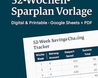 May include: A digital and printable 52-week savings tracker template. The teal background features white text that reads "52-Wochen-Sparplan Vorlage" and "Digital & Printable • Google Sheets + PDF". A white sheet shows a savings chart.