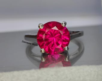 Anel com Rubi Sintético Redondo de 10 mm, Rubi Solitário com Lapidação de Precisão, Anel de Noivado em Prata com Rubi, Anel de Compromisso com Gema Rosa, Presente para Ela