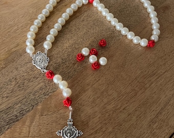 Handmade Pearl Rosary with Red Roses | Catholic Prayer Beads