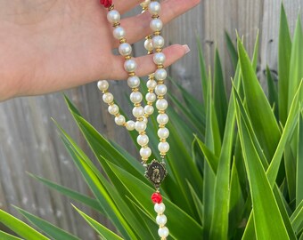 Luxury Handmade Pearl-Style Rosary with Red Rose Beads