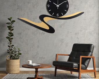 Modern Abstract Wall Clock Black Gold Metal Art Silent Living Room Decor